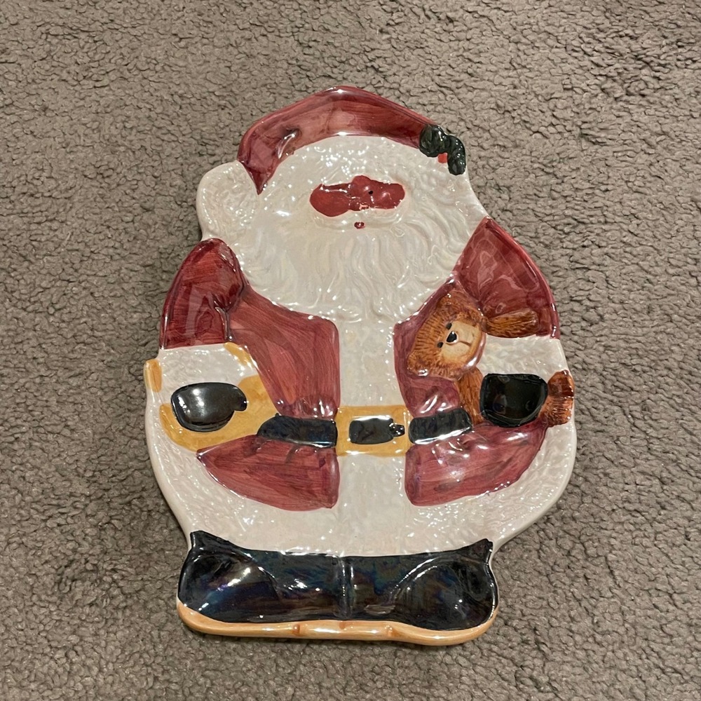 Ceramic Santa Claus Holiday Candy Dish Plate with Teddy Bear Accent